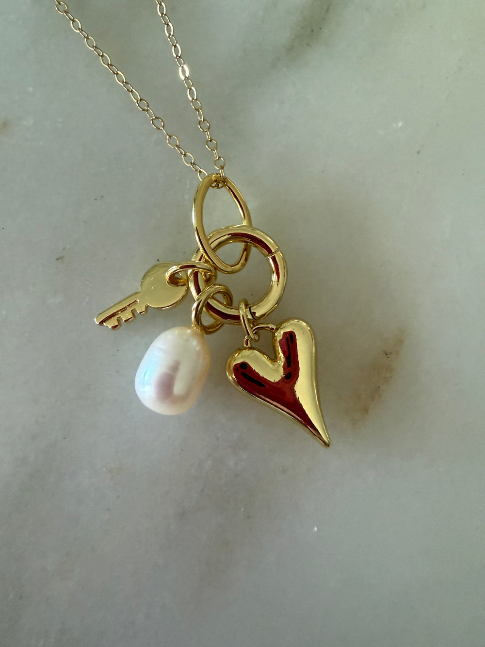 Baby Pearl + Key + Heart drop necklace